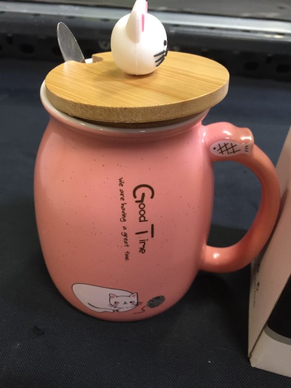 Photo 3 of Cat Mug Cute Ceramic Coffee Cup with Lovely Kitty wooden lid Stainless Steel Spoon,Novelty Morning Cup Tea Milk Christmas Mug 380ML
