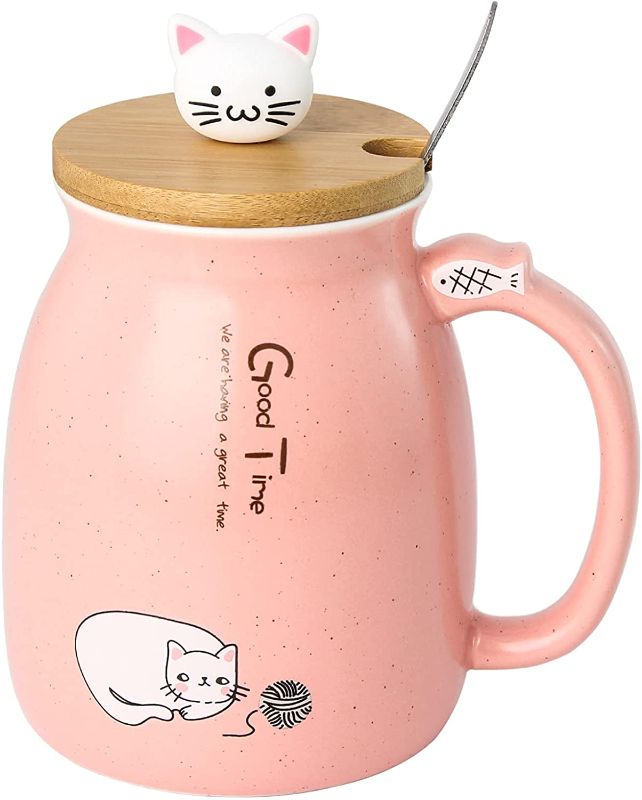 Photo 1 of Cat Mug Cute Ceramic Coffee Cup with Lovely Kitty wooden lid Stainless Steel Spoon,Novelty Morning Cup Tea Milk Christmas Mug 380ML
