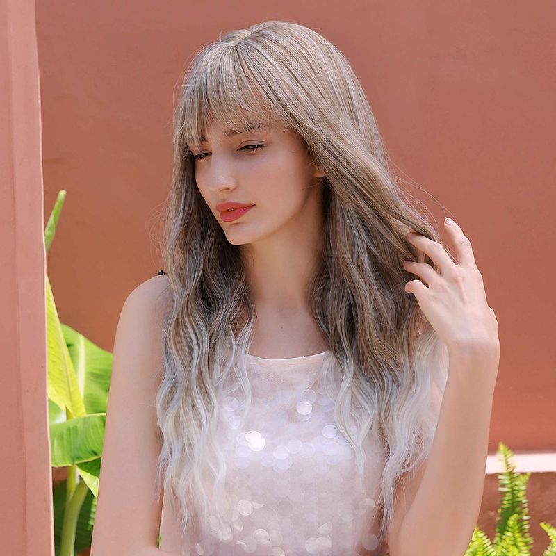 Photo 1 of Long Curly Wig for Women Ombre Long Wavy Wigs with Bangs Synthetic Replacement Wig Heat Resistant Natural Looking for Daily Party Cosplay (Ombre Grey Mix Blonde)

