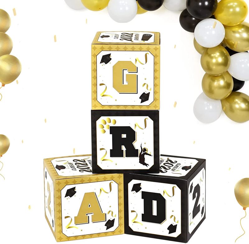 Photo 1 of 2022 Graduation Decorations Gold Black 4Pcs Graduation Balloon Boxes 2022 With Letters Grad for Class Graduation Party Decorations Supplies
