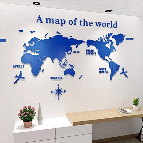 Photo 1 of Acrylic 3D Wall Stickers World Map - Original Creative Wall Art Home Decor for Rooms and Small Office. (Size: 80cm x 40cm). Easy to Install, Firm, Self Adhesive & Lasts for Years (Blue)
