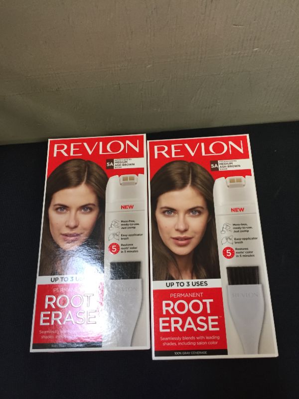 Photo 2 of Revlon Root Erase Permanent Hair Color, At Home Touchup Dye with Applicator Brush for Multiple Use, 100% Gray Coverage, 5A Medium Ash Brown, 3.2 fl oz
2 pack (factory sealed)