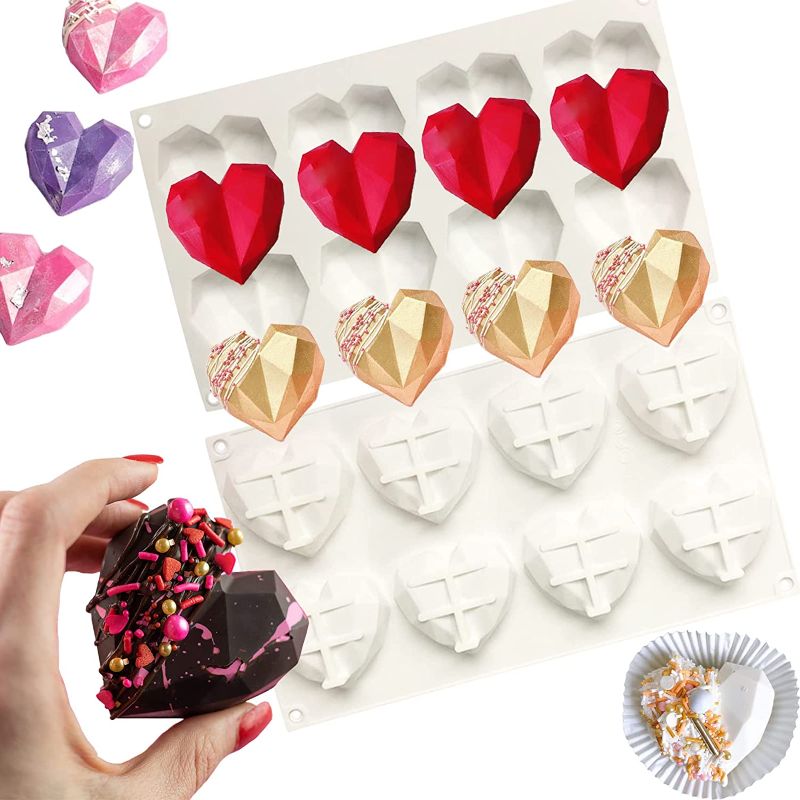 Photo 1 of 2PC Heart Silicone Molds 8-Cavity Geometric Heart Shaped Cake Mold for Baking Chocolate, Candy, Cake, Jelly, Mousse Making - Diamond Heart Mold
3 pack 