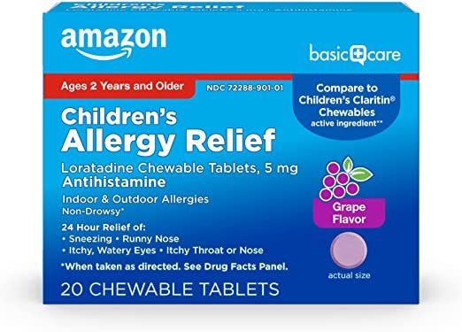 Photo 1 of Amazon Basic Care Children's Allergy Relief, Loratadine Chewable Tablets, 5 mg, Grape Flavored, 20 Count (exp:07/2022)
