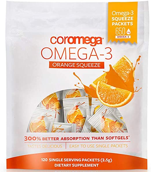 Photo 1 of Coromega Omega 3 Fish Oil Supplement, 650mg of Omega-3s with 3X Better Absorption Than Softgels, Orange Flavor, 120 Single Serve Squeeze Packets BB 8/24