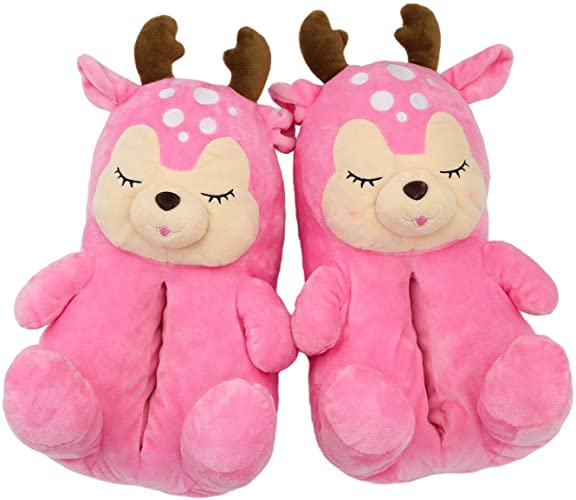 Photo 1 of Plush Teddy Bear Slippers for Women Cute Teddy Bear House Slippers Fashion Soft Indoor Anti-Slip Faux Fur Warm Shoes for Women and Girls PINK DEER Medium