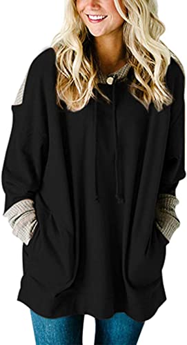 Photo 1 of SEBOWEL Women's Waffle Knit Splice Strappy Long Sleeve Hoodies Sweatshirts with Pocket Plus Size Small, Black