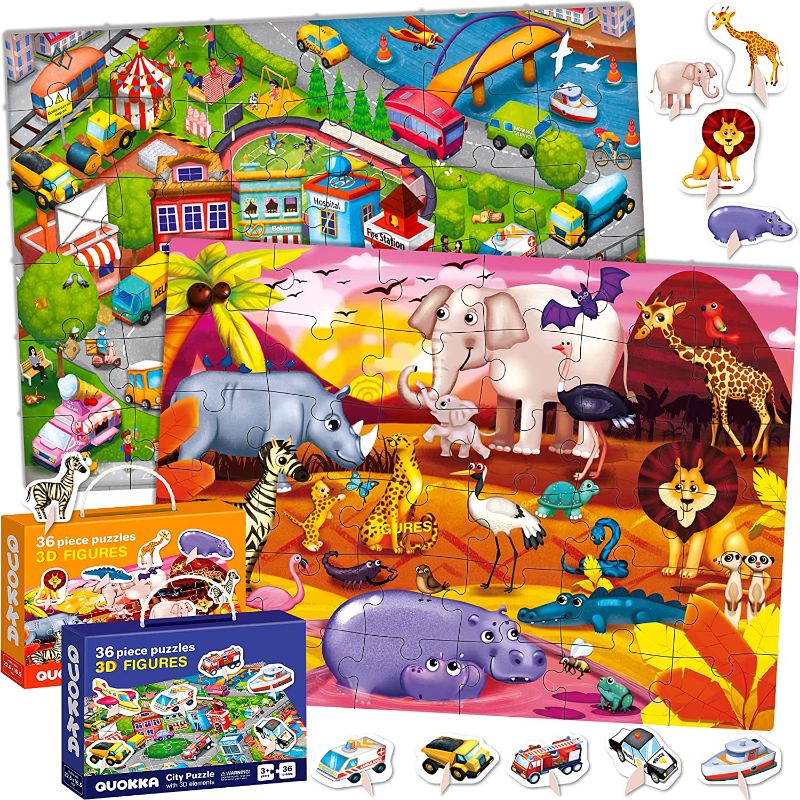 Photo 1 of 36 Pieces Toddler Puzzles for Kids Ages 3-5 by QUOKKA - 2 Floor Jigsaw Puzzles for Kids Ages 4-8 - Supplied with 12 Toy Figures for Educational Learning Games - Gift for Boy and Girl 2-4
