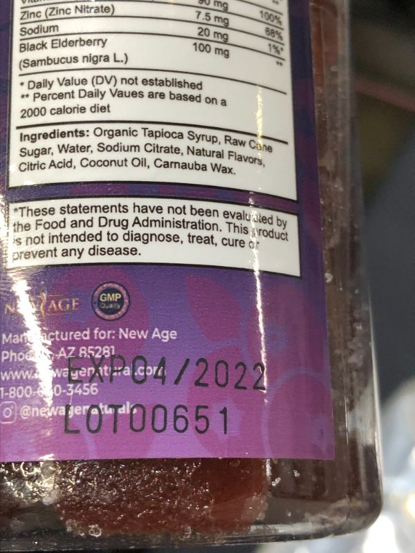 Photo 3 of (2-Pack) Premium Elderberry Gummies by New Age for Adults Kids with Vitamin C, Zinc, Propolis - Sambucus Black Elderberry Gummy Extract - Gluten Free & Vegetarian - 120 Gummies
EXP 04/2022