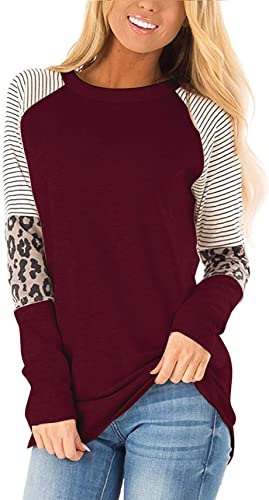 Photo 1 of HARHAY Women's Leopard Print Color Block Tunic Round Neck Long Sleeve Shirts Striped Causal Blouses Tops Large Wine Red