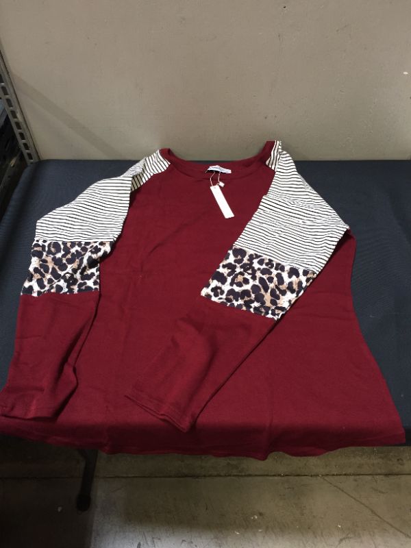 Photo 2 of HARHAY Women's Leopard Print Color Block Tunic Round Neck Long Sleeve Shirts Striped Causal Blouses Tops Large Wine Red