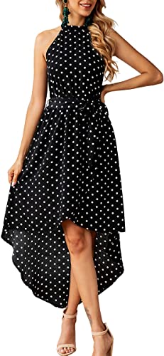 Photo 1 of ECOWISH Womens Boho Polka-dot Tie Waist Irregular Cocktail Midi Dress Sleeveless Halter Neck Sexy Sundress Black, Small