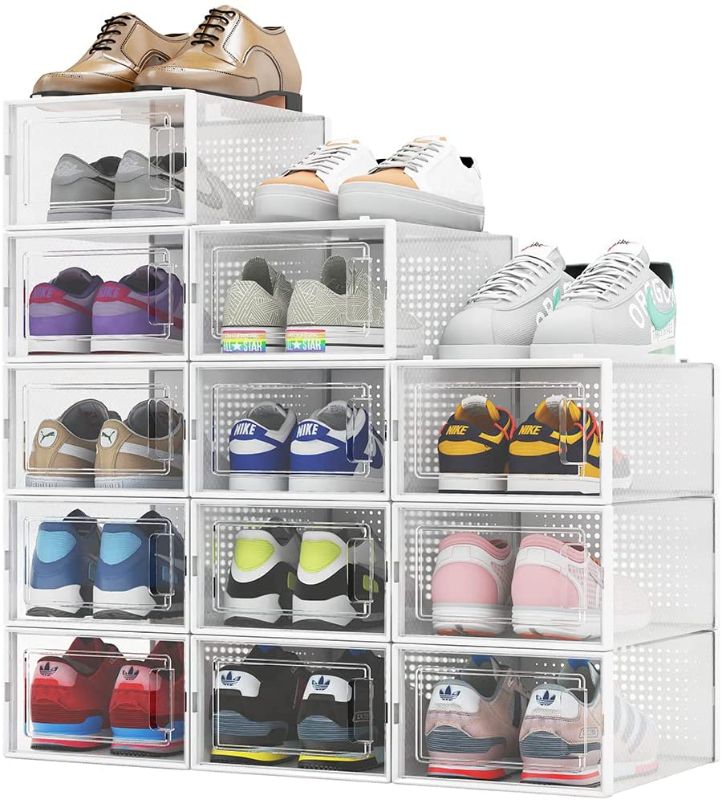 Photo 1 of QualiapeX Shoe Storage Boxes, Clear Plastic Stackable Shoe Organizer, Foldable Storage Bins Shoe Container Box, 12 Pack - White-----used and bended 
