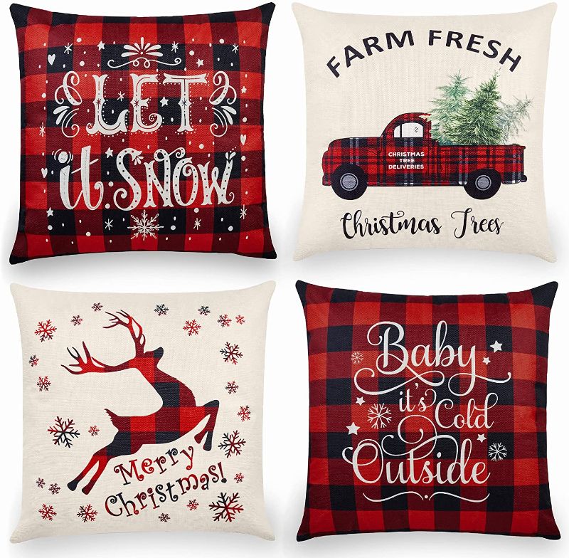 Photo 1 of Christmas Throw Pillow Covers 18x18 Inch Set of 4, Linen Christmas Pillowcase Black and Red Buffalo Plaid Pillow Case Farmhouse Christmas Decorations for Home & Sofa
