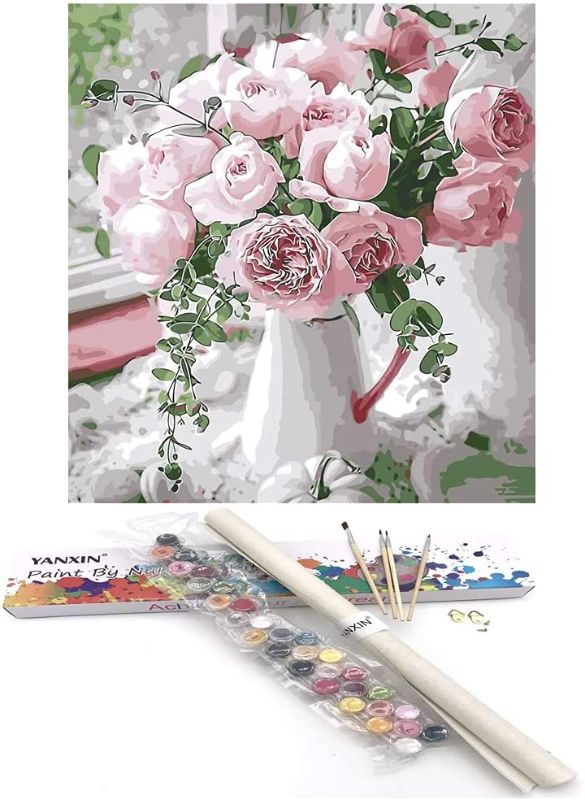 Photo 1 of YANXIN DIY Paint by Numbers Kits,16x20 Inch Canvas Pictures for Kids and Adults,Home Décor Wall Art Creative Painting Pink Chinese Rose YX8004-8265
