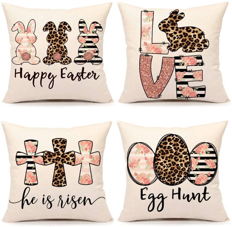 Photo 1 of 4TH Emotion Spring Easter Pillow Covers 18x18 Set of 4 Farmhouse Decor Decoration Cushion Case for Sofa Couch Polyester Linen(Happy Bunny, Love Rabbit, He is Risen, Egg Hunt)