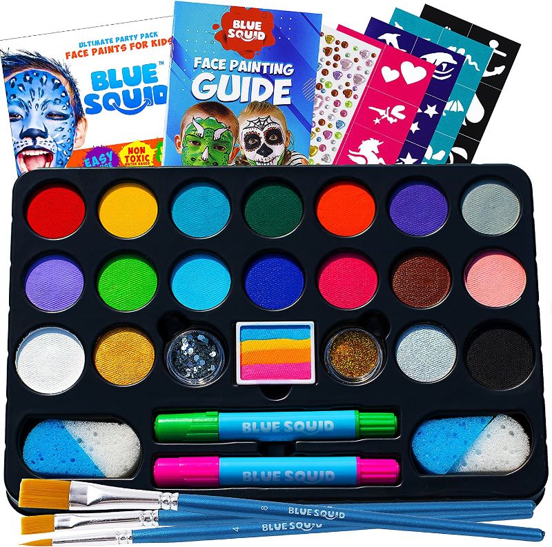 Photo 1 of Blue Squid Face Paint Kit for Kids - 160pcs, 22 Colors, Ultimate Face Painting Kit with Gem Sheet, Glitters, Stencils, Hair Chalks, Brushes, Sponges, Booklet, Professional Body Facepaints Water Based