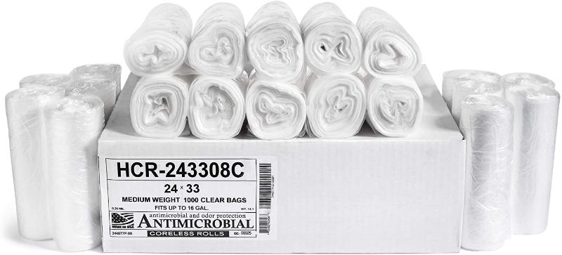 Photo 1 of Aluf Plastics - HCR-243308C 12-16 Gallon Clear Trash Bags (1000 Count) - 24" x 33" - 8 Micron Equivalent High Density Value Garbage Bags for Bathroom, Office, Industrial, Commercial, Janitorial, Recycling