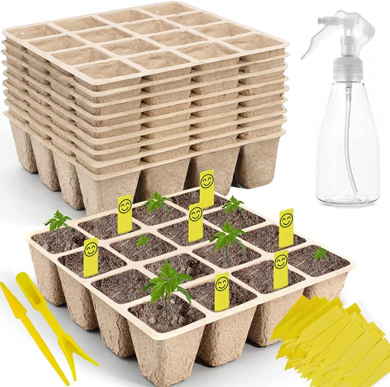 Photo 1 of 160Cells Seedling Start Trays,10 Pack Peat Pots Seedling Pots Biodegradable,Seedling Starter Kit,Organic Germination Plant Starter Trays,Cell Pots with 100 Labels,2 Transplant Tools,1 Spray Bottle