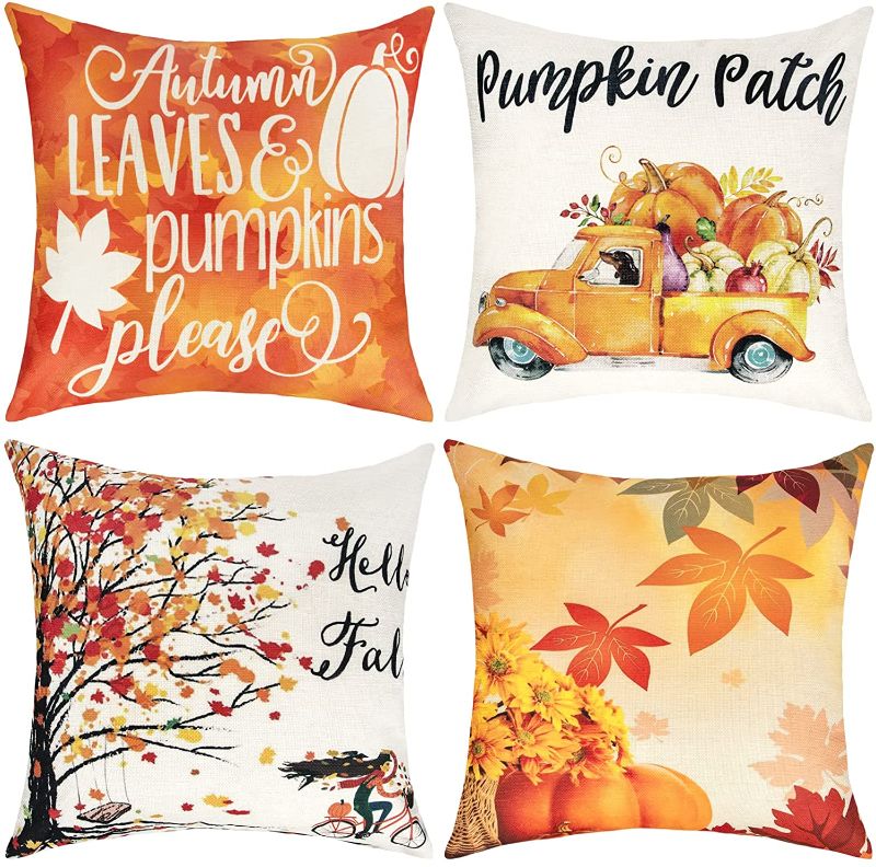 Photo 1 of Fall Pillow Covers 18x18, Ouddy 4 Pack Fall Pillows Outdoor Decor, Pumpkin Truck Orange Autumn Pillow Covers Pillowcase Thanksgiving Fall Decorations for Home Sofa Couch Room