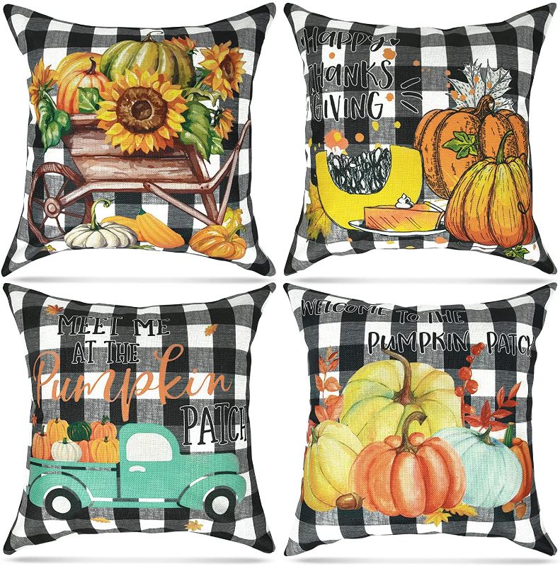 Photo 1 of Thanksgiving Pillow Covers 18x18 Set of 4, Fall Outdoor Pillows Decorative Throw Pillows Sunflower Harvest Pumpkin Thanksgiving Holiday Pillow Covers Cases Sofa Decorations for Home