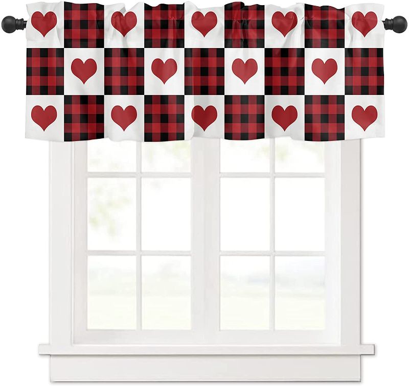 Photo 1 of Valentine's Day Valance Curtain for Kitchen Windows/ Living Room/ Bedroom/ Cafe, Red Love Heart Buffalo Check Plaid Window Curtain Valance Rod Pocket 54 Inch by 18 Inch, 1 Panel