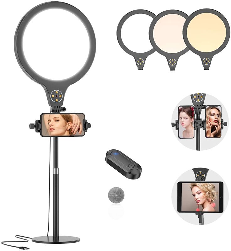 Photo 1 of 10" Desktop Ring Light with Stand, 2 in 1 Phone/Tablet Mount, Premium Soft Studio Light with Wireless Remote Shutter for Makeup/Selfie/Video/Live Stream, Compatible with iOS/Android