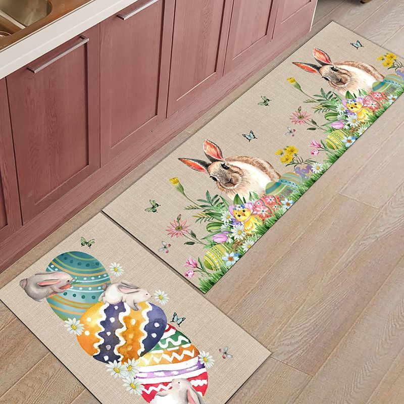 Photo 1 of 2 Piece Easter Day Kitchen Rug Set Easter Eggs Indoor Floor Mats for Spring Summer, Bunny Mat Runner Rug Carpet Mat for Kitchen Home Decor (21.5" x 23.6"+21.5" x 47.2") - Easter Rabbit with Eggs 2 PK 
