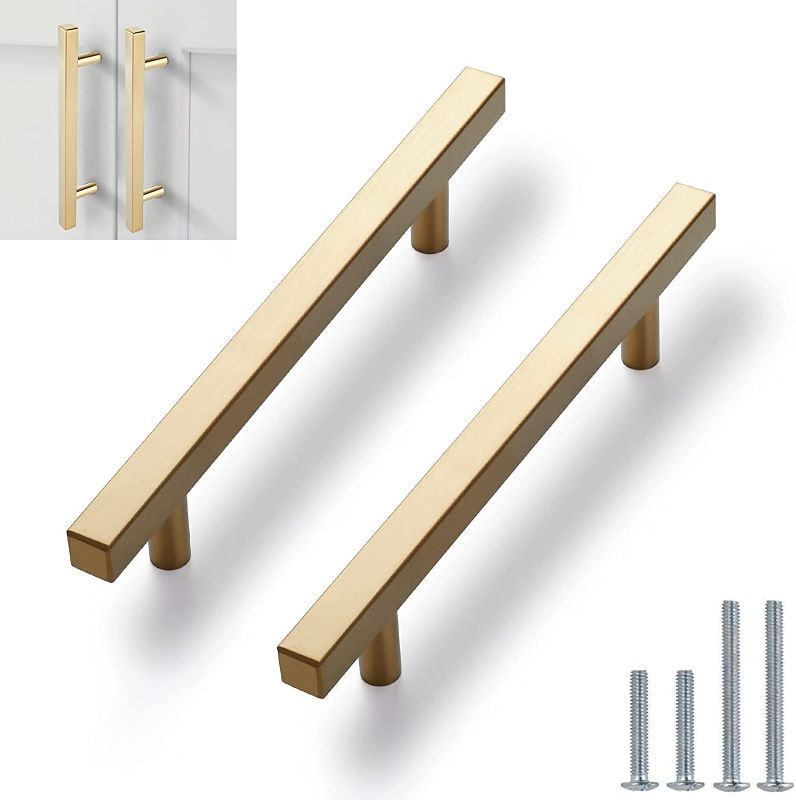 Photo 1 of 10 Pack Square Cabinet Pulls Brushed Brass Stainless Steel Cabinet Handles Drawer Pulls 5” Length, 3” Hole Center
