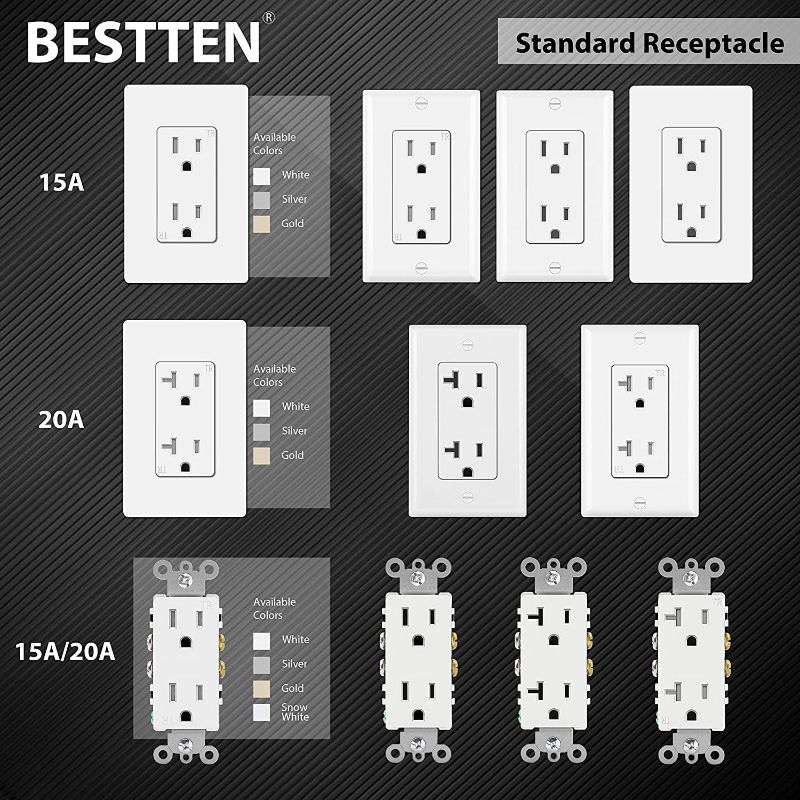 Photo 1 of 20 Pack] BESTTEN 15A Tamper Resistant Decor Receptacle, Standard Electrical Wall Outlet, Residential and Commercial Use, UL Listed, White