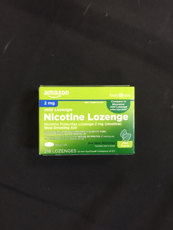 Photo 2 of Amazon Basic Care Mini Nicotine Polacrilex Lozenge, 2 mg (Nicotine), Stop Smoking Aid, Mint Flavor; Quit Smoking with Mint Nicotine Lozenge, 216 Count EXP 7/22