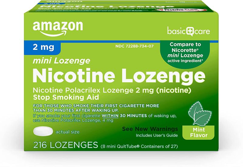 Photo 1 of Amazon Basic Care Mini Nicotine Polacrilex Lozenge, 2 mg (Nicotine), Stop Smoking Aid, Mint Flavor; Quit Smoking with Mint Nicotine Lozenge, 216 Count EXP 7/22