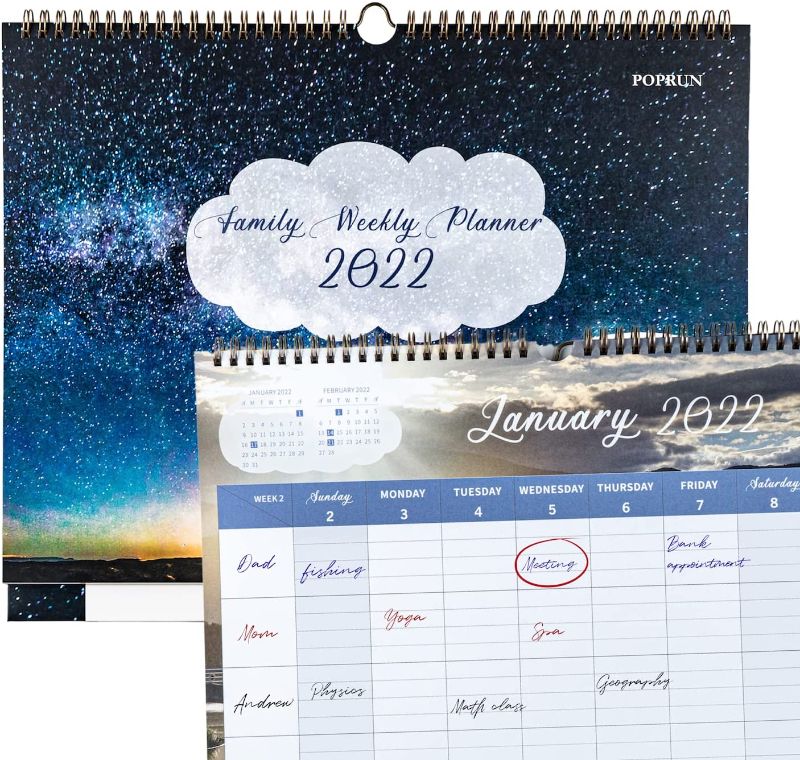 Photo 1 of POPRUN Family Planner 2022 Weekly Wall Calendar - 15''x12'', Large Family Organizer with Pocket, 5 Row Layout for Family Schedules & Meals, Starry Sky