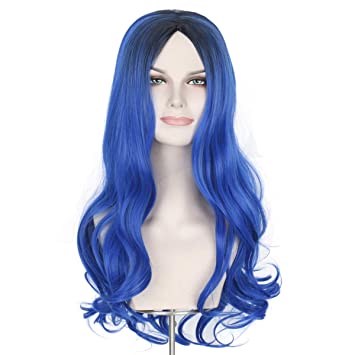 Photo 1 of Missuhair Adult Wavy Blue Wig - Long Dark Black Roots Women Girl Halloween Cosplay Wig
