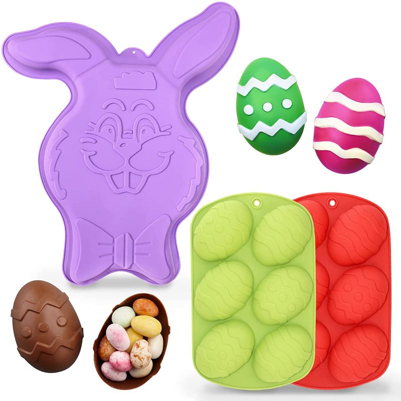 Photo 1 of 3 Pack Easter Egg Mold Bunny Silicon Mold, Big Rabbit Eggs Shape Molds for Backing Chocolate Bombs Jello Candy Party Jelly, Ice Cube, Soap for Easter Decorating …
