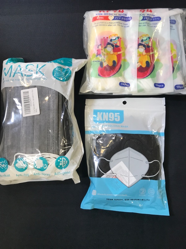 Photo 1 of (Mask Bundle) Grey Disposable Face Mask 50 Pcs Grey Face Masks 3 Ply Protection Masks, 3 Kn95 Disposable Folding Mask, & 30 Kids KF94 Masks (Yellow, Green, & Blue)