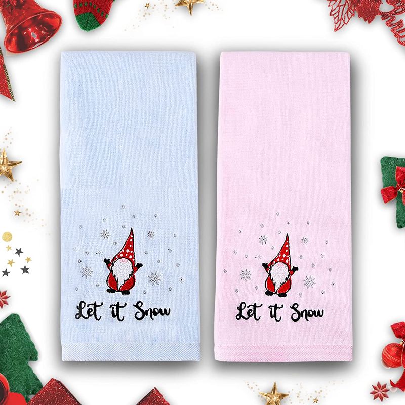 Photo 1 of 2PCS Large Size 16" x 27" Christmas Winter Hand Towels Gnome with Snowflakes, 100% Cotton Bathroom Kitchen Decoration Towels Decor tomte Elf for Adults and Children Kids Gifts Presents (Blue & Pink)
