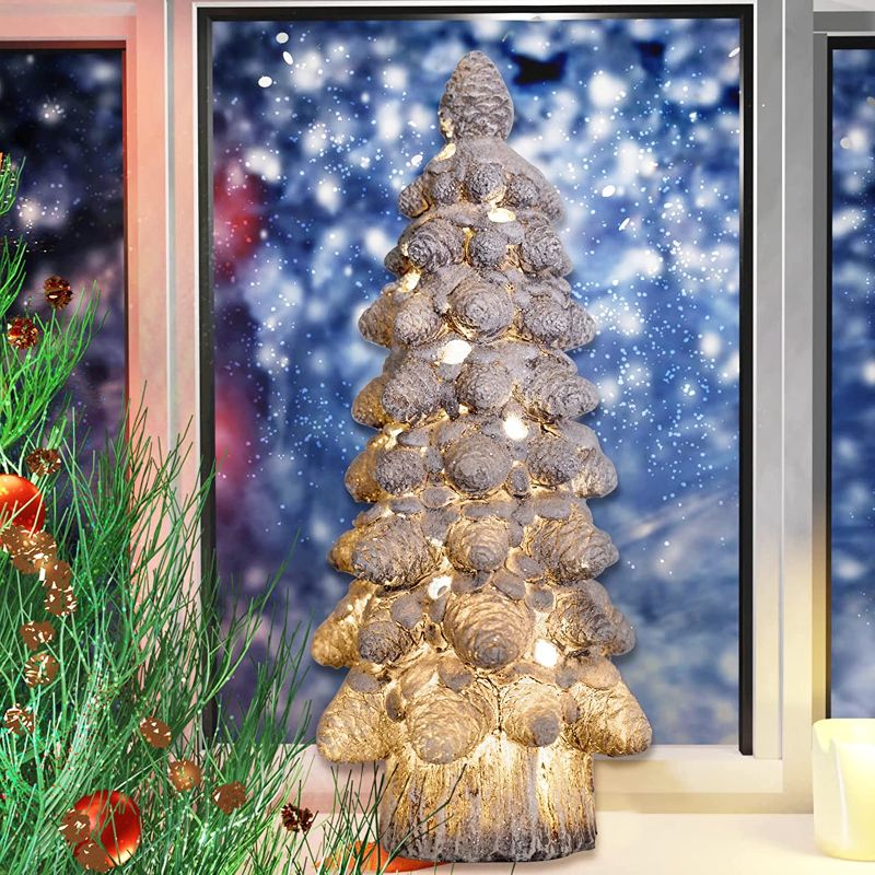 Photo 1 of 11" Christmas Tree Statue Ornaments, Vidduo Christmas Tree Home Decor with LED Lights, Christmas Sculpture with Snow - Decor for Christmas Table Top Desk, Indoor & Garden Patio Lawn
