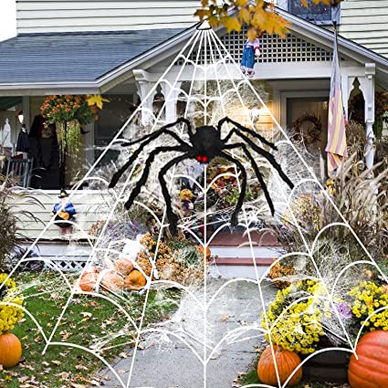 Photo 1 of 16 Ft Halloween Spider Web + 35.4" Giant Spider and Stretch Cobweb Decorations Fake Spider Triangular Huge Spider Web for Indoor Outdoor Halloween Decorations Yard Home Costumes Parties House Décor
