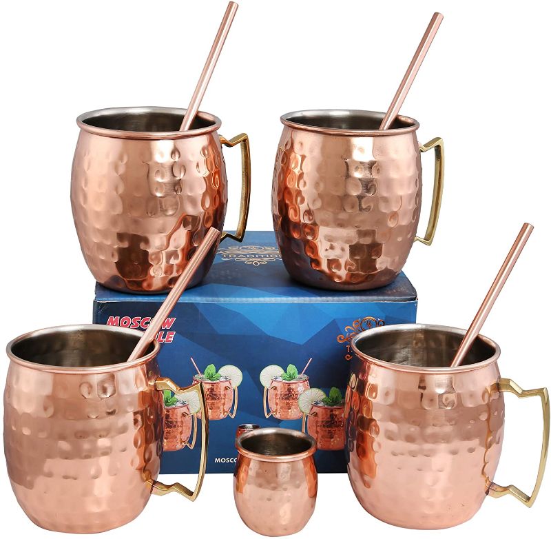 Photo 1 of 
Moscow Mule Mugs Stainless Steel (Copper Plated) – Set of 4 Mugs (16 oz) with 4 Cocktail Straws and 1 Short Glass