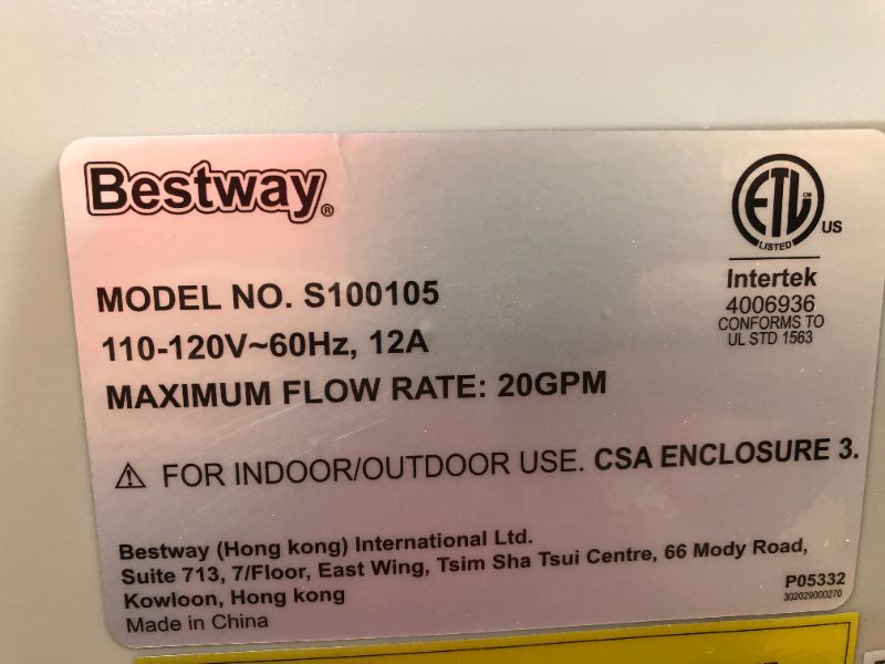 Photo 6 of  Bestway Model S100105 Saluspa Pump 20GPM Flow