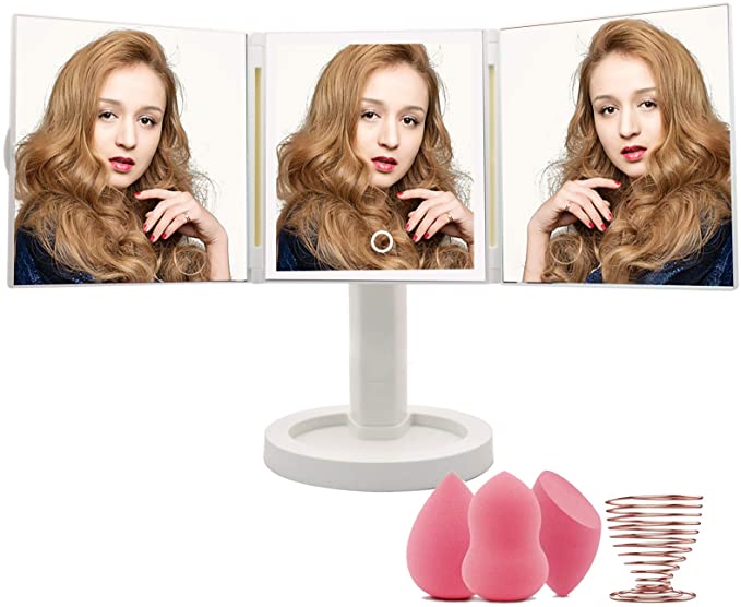 Photo 1 of Makeup Mirror with Lights Vanity Mirror with 34 LED Lighted Mirror Touch Screen Dimming 360° Degree Rotation Cosmetic Mirror Dual Power Supply 3 Makeup Sponges 1 Makeup Sponge Holder