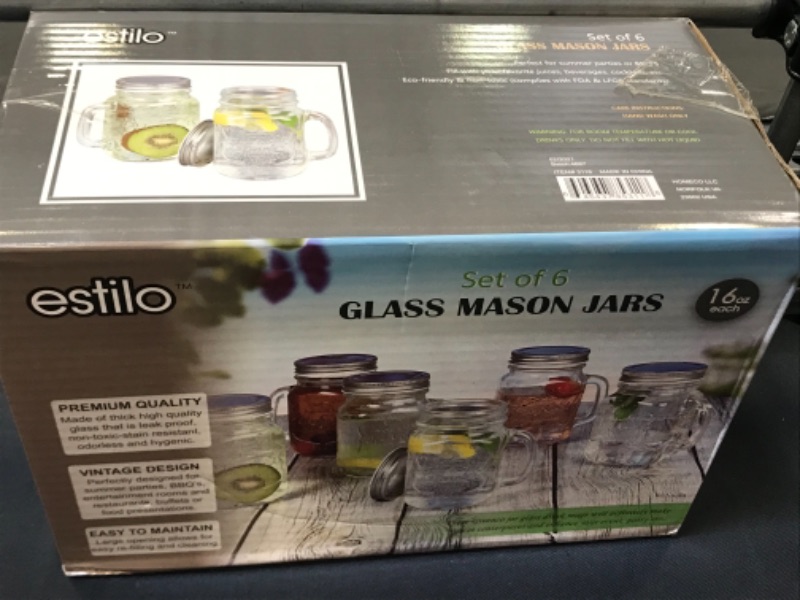 Photo 2 of Estilo Mason Jar Mugs with Handles Old Fashioned Drinking Glass Set 6, 16 oz Each, Clear
