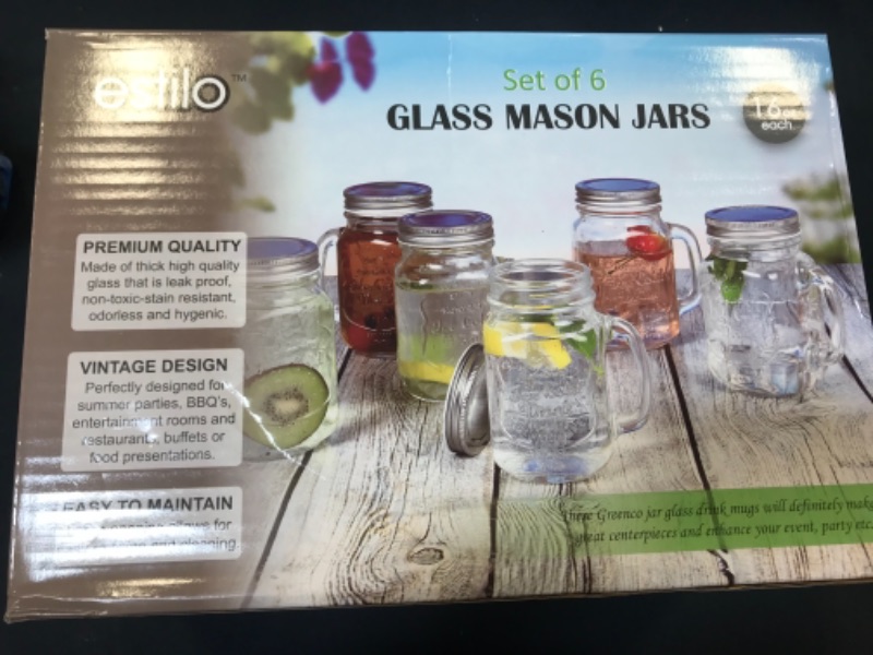 Photo 3 of Estilo Mason Jar Mugs with Handles Old Fashioned Drinking Glass Set 6, 16 oz Each, Clear
