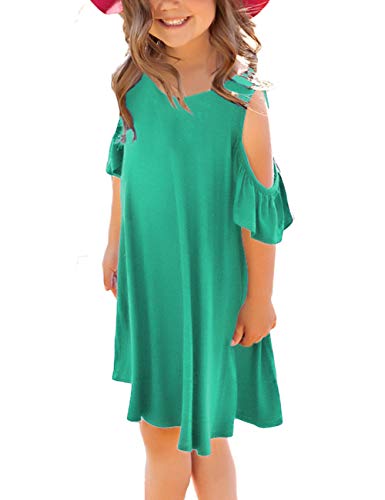 Photo 1 of GRAPENT Girls Cold Shoulder Ruffled Short Sleeve Casual Loose Tunic T-Shirt Dress Size Medium (6-7 Years) Green