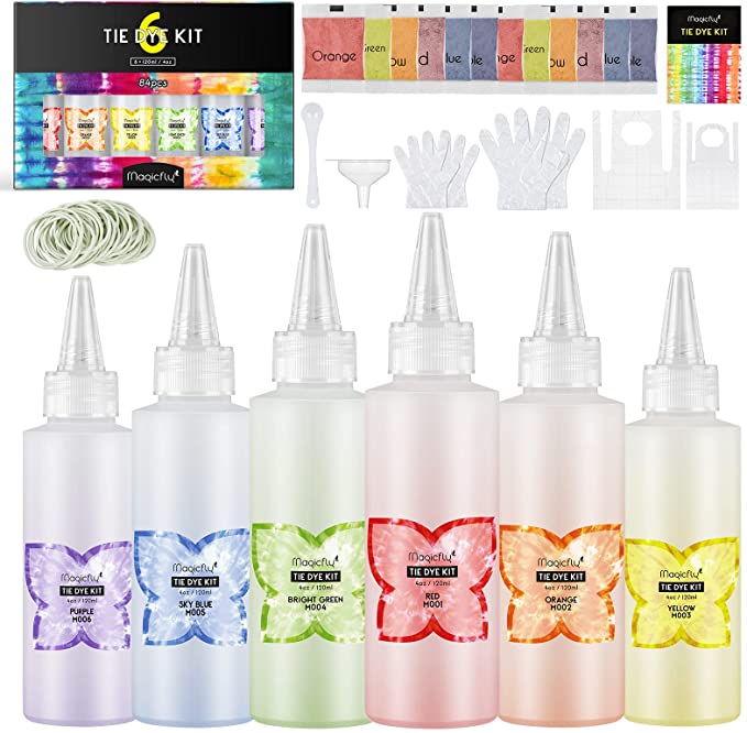 Photo 1 of Magicfly 84 Pcs Tie Dye Pack, 6 Color High Volume Fabric Dye Kit, One Step Tie Dye Kit, Perfect for Summer Camps, Parties, School Events, Family Gatherings and Group Activities