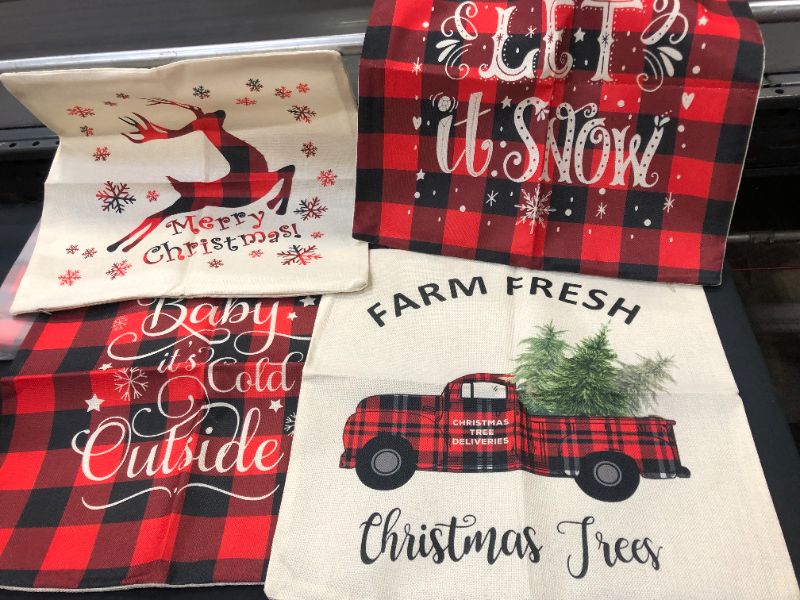 Photo 2 of Christmas Throw Pillow Covers 18x18 Inch Set of 4, Linen Christmas Pillowcase Black and Red Buffalo Plaid Pillow Case Farmhouse Christmas Decorations for Home & Sofa