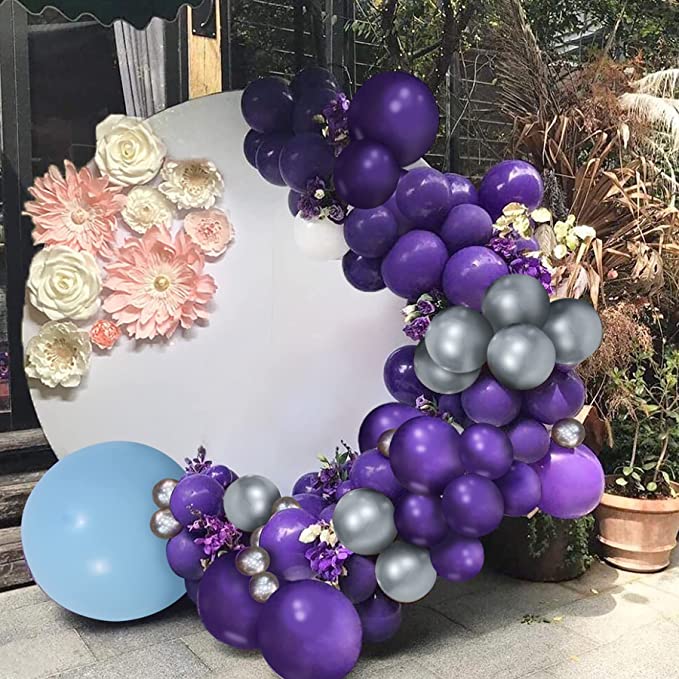 Photo 1 of 130PCS Dark Purple and Silver Blue Gold Balloon Garland Arch Kit, Dark Purple & Macaron Blue & Metallic Silver and Metallic Champagne Gold Balloon Garland Arch for Birthday Party, Baby Shower, Bridal Shower, Wedding, Graduation(4 Colors,3 Sizes of 18In/12