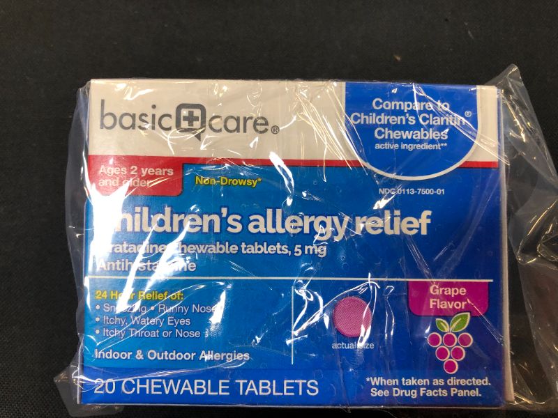 Photo 2 of Amazon Basic Care Children's Allergy Relief, Loratadine Chewable Tablets, 5 mg, Grape Flavored, 20 Count----07-2022  2pack