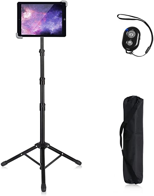 Photo 1 of WinisKi iPad Tripod Stand, Foldable Tablet Stand Height Adjustable, iPad Pro 11, iPad Air, iPad Mini and More 7 12 Inch Tablets, Phone Holder, Bluetooth Remote Control, Black